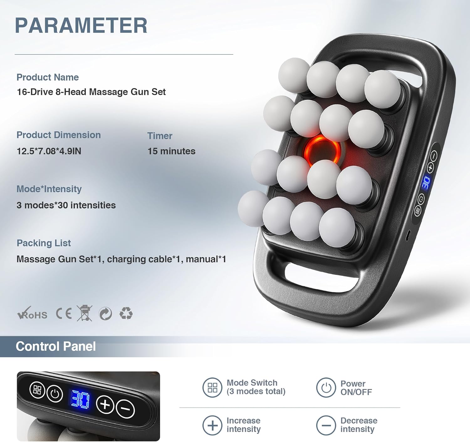 16-Drive 8-Head Massage Gun Set, Deep Tissue Massage Gun Portable with 3 Modes & 30 Intensities, Red Light Therapy, Quiet Percussion Massager for Legs, Waist, Buttocks Muscles Pain Relief